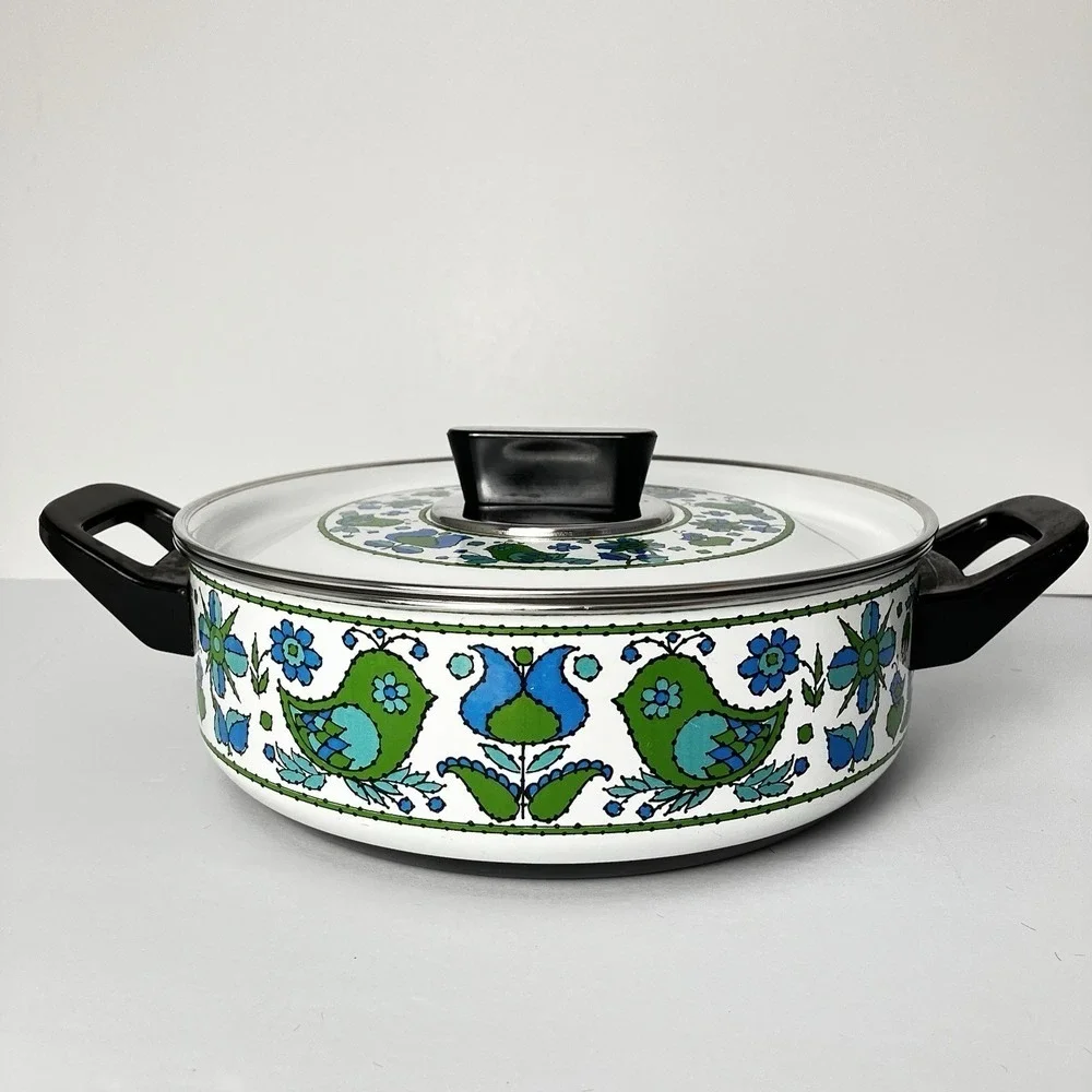 Vintage Fancipans Enamel Saucepan Lid Green Blue Bird Folk Art 1970s Retro Kitch